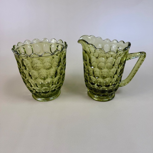 Vintage Fenton Green Thumbprint Glass Creamer & Sugar Bowl Set | Mid-Century - Picture 3 of 14